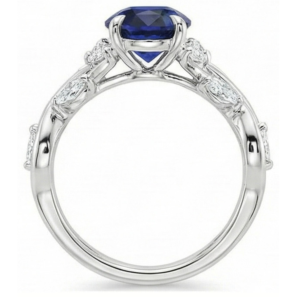 Natürlicher Diamant ( nicht im Labor gezüchtet )-Edelstein-Ring Blatt-Stil Ovalschliff Blauer Saphir 5 Karat