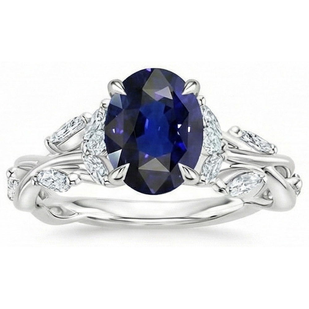 Natürlicher Diamant ( nicht im Labor gezüchtet )-Edelstein-Ring Blatt-Stil Ovalschliff Blauer Saphir 5 Karat