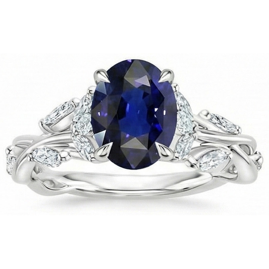 Natürlicher Diamant ( nicht im Labor gezüchtet )-Edelstein-Ring Blatt-Stil Ovalschliff Blauer Saphir 5 Karat