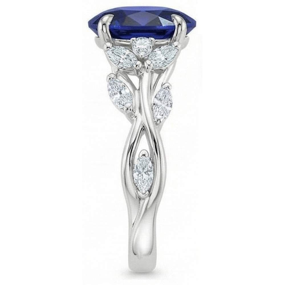 Natürlicher Diamant ( nicht im Labor gezüchtet )-Edelstein-Ring Blatt-Stil Ovalschliff Blauer Saphir 5 Karat