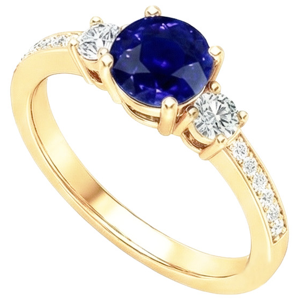 Aus der Erde Abgebauter Natürlicher Diamant Edelstein Ring Blauer Saphir 2 Karat 3 Steine Stil Gelbgold