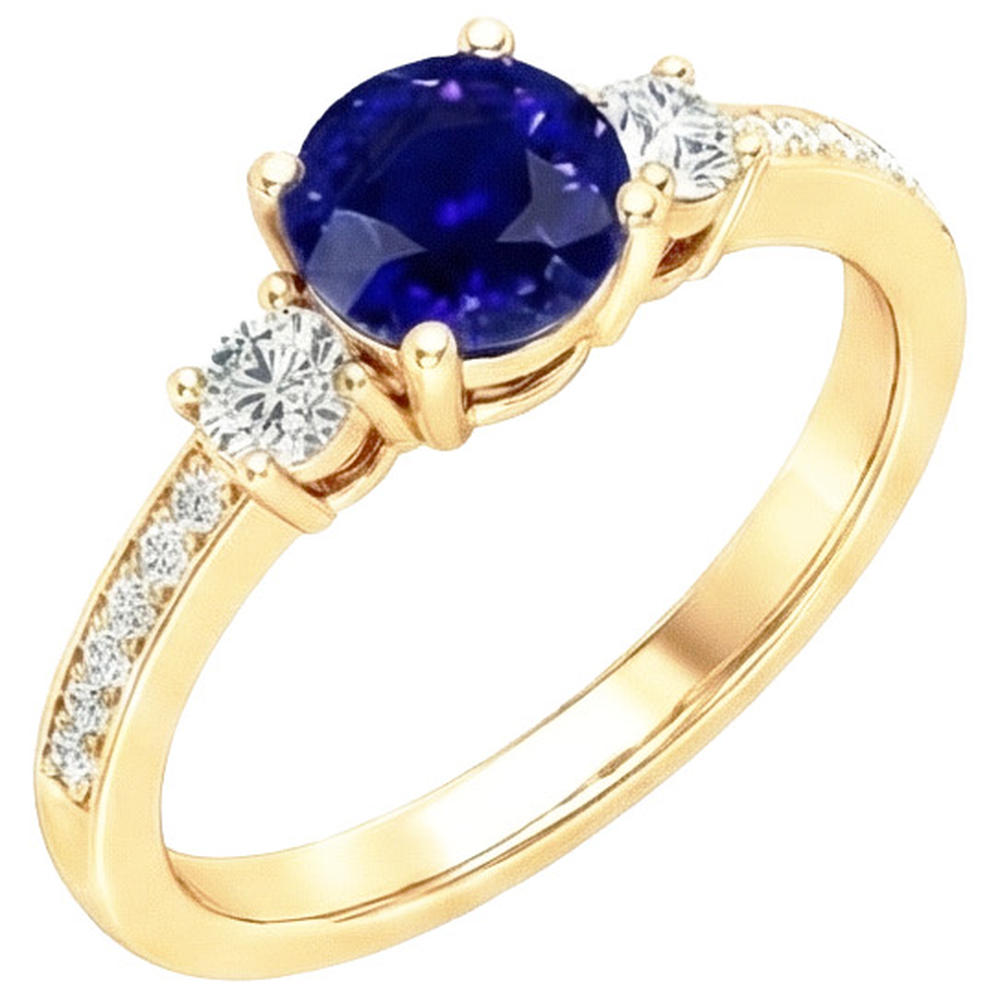 Aus der Erde Abgebauter Natürlicher Diamant Edelstein Ring Blauer Saphir 2 Karat 3 Steine Stil Gelbgold