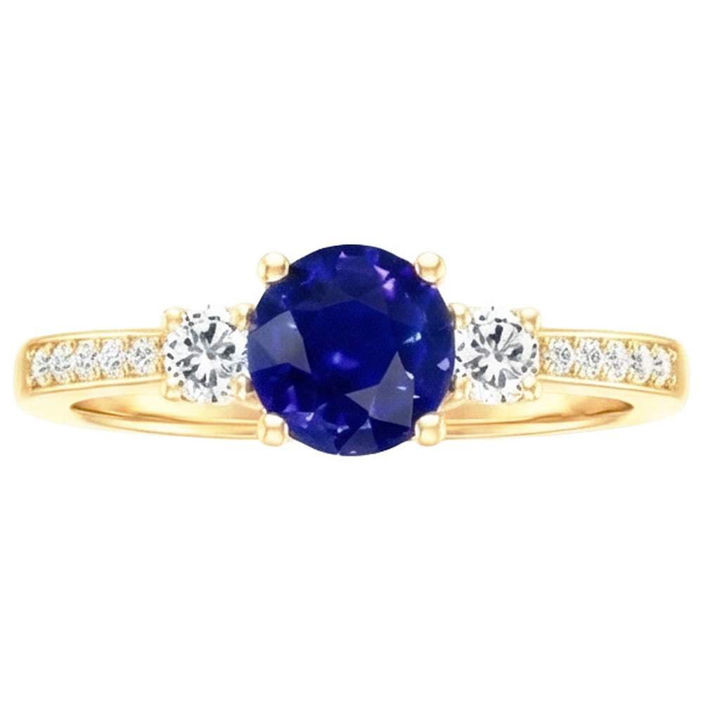 Aus der Erde Abgebauter Natürlicher Diamant Edelstein Ring Blauer Saphir 2 Karat 3 Steine Stil Gelbgold