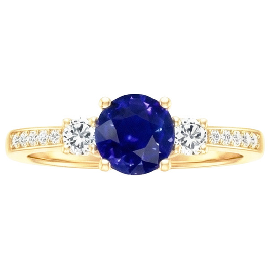 Aus der Erde Abgebauter Natürlicher Diamant Edelstein Ring Blauer Saphir 2 Karat 3 Steine Stil Gelbgold