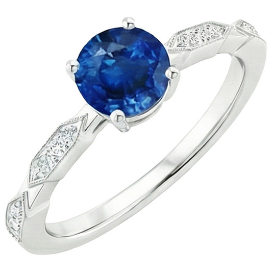 Aus der Erde Abgebauter Natürlicher Diamant-Edelstein-Ring Vintage-Stil runder blauer Saphir 2.25 Karat