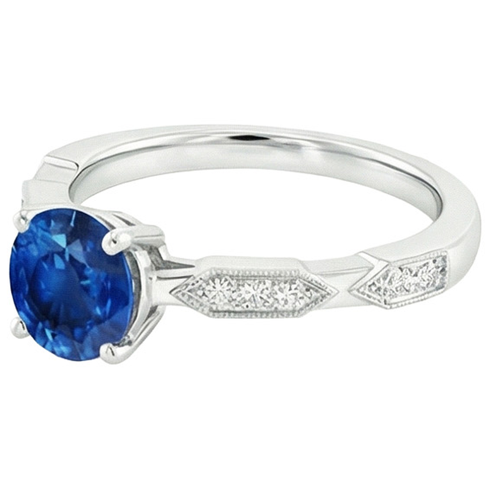 Aus der Erde Abgebauter Natürlicher Diamant-Edelstein-Ring Vintage-Stil runder blauer Saphir 2.25 Karat