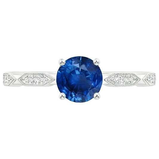 Aus der Erde Abgebauter Natürlicher Diamant-Edelstein-Ring Vintage-Stil runder blauer Saphir 2.25 Karat
