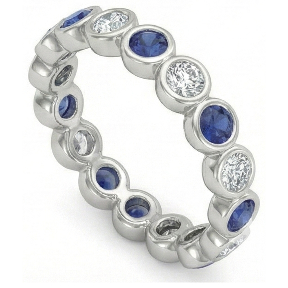 Aus der Erde Abgebauter Natürlicher Diamant Ewigkeit Band 2 Karat Lünette Set Rund Blauer Saphir Damen