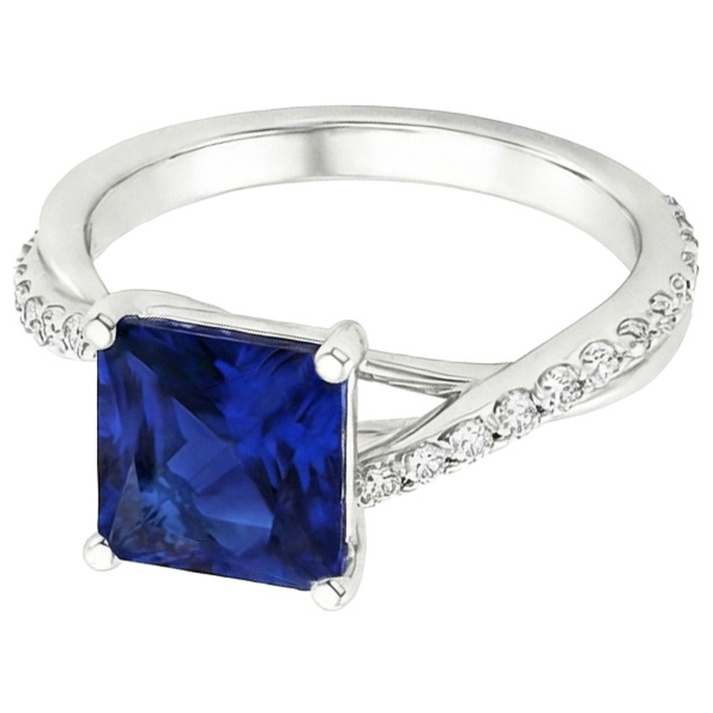 Aus der Erde Abgebauter Natürlicher Diamant-Goldschmuck Prinzessin Blauer Saphir-Ring mit Akzenten 6 Karat