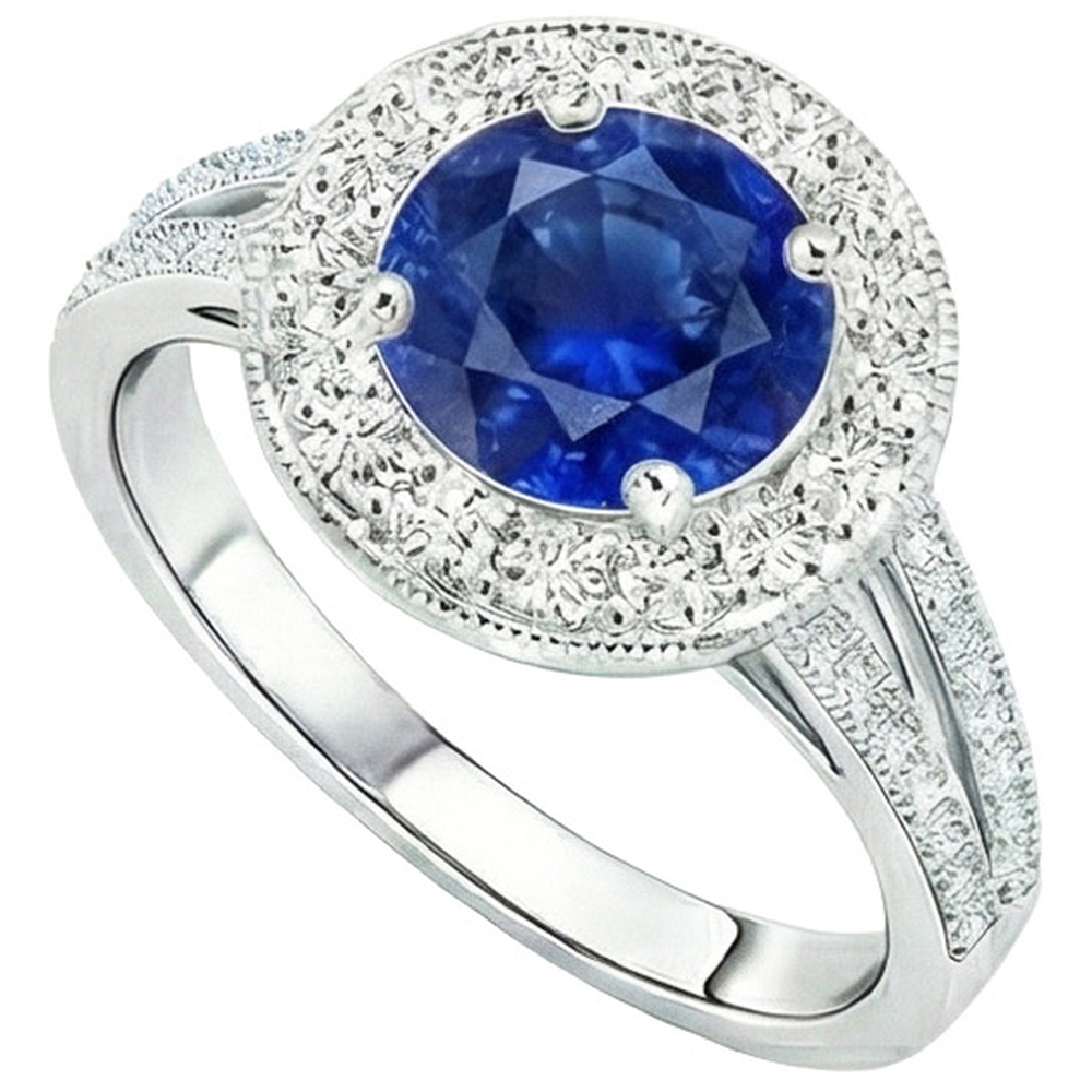 Aus der Erde Abgebauter Natürlicher Diamant Halo Ring Antik Stil Krappen Rund Blauer Saphir 2.50 Karat