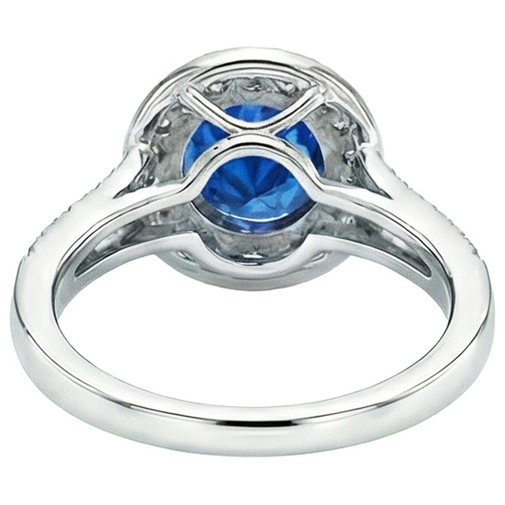 Aus der Erde Abgebauter Natürlicher Diamant Halo Ring Antik Stil Krappen Rund Blauer Saphir 2.50 Karat
