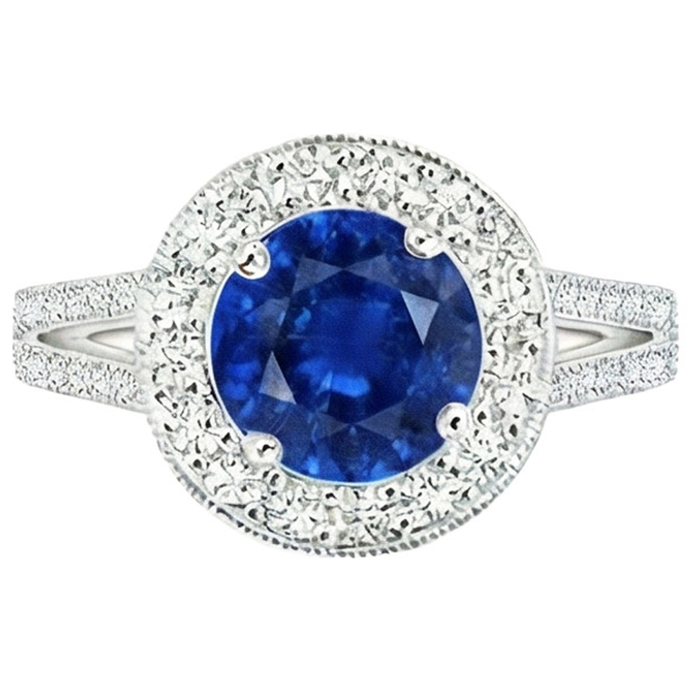 Aus der Erde Abgebauter Natürlicher Diamant Halo Ring Antik Stil Krappen Rund Blauer Saphir 2.50 Karat