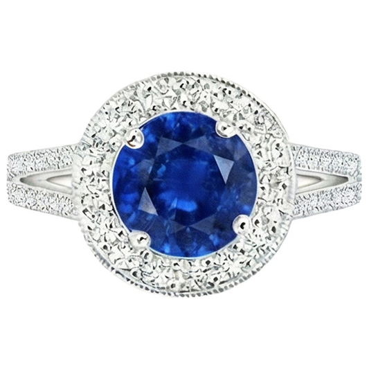 Aus der Erde Abgebauter Natürlicher Diamant Halo Ring Antik Stil Krappen Rund Blauer Saphir 2.50 Karat