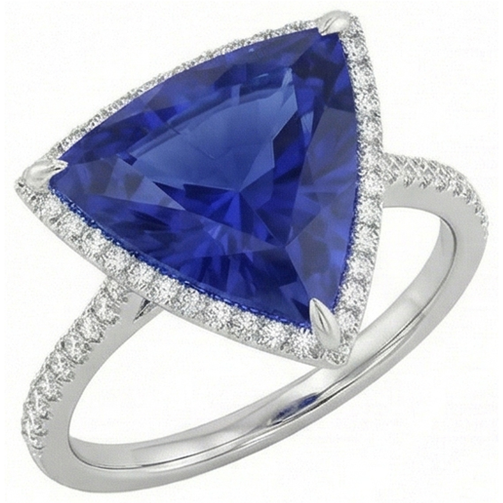 Natürlicher Diamant ( nicht im Labor gezüchtet ) Halo Ring Trillion Shaped Deep Blue Saphir 4 Karat