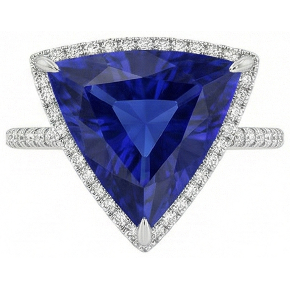 Natürlicher Diamant ( nicht im Labor gezüchtet ) Halo Ring Trillion Shaped Deep Blue Saphir 4 Karat