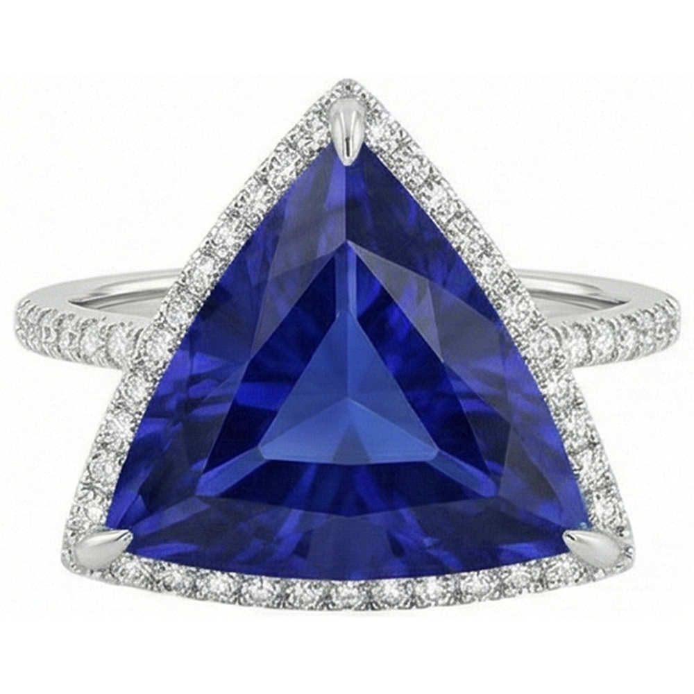 Natürlicher Diamant ( nicht im Labor gezüchtet ) Halo Ring Trillion Shaped Deep Blue Saphir 4 Karat
