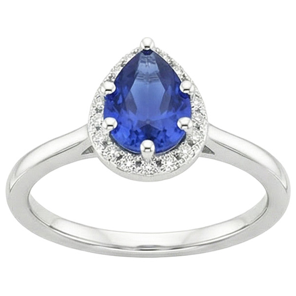Aus der Erde Abgebauter Natürlicher Diamant Halo Ring Tropfenform Birne Sri Lanka Saphir 4 Karat