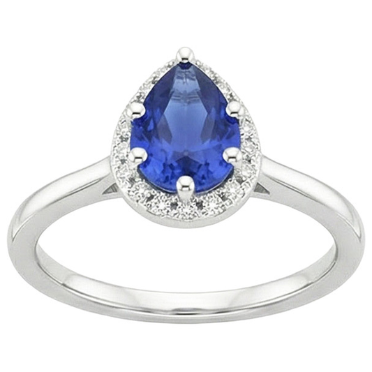 Aus der Erde Abgebauter Natürlicher Diamant Halo Ring Tropfenform Birne Sri Lanka Saphir 4 Karat