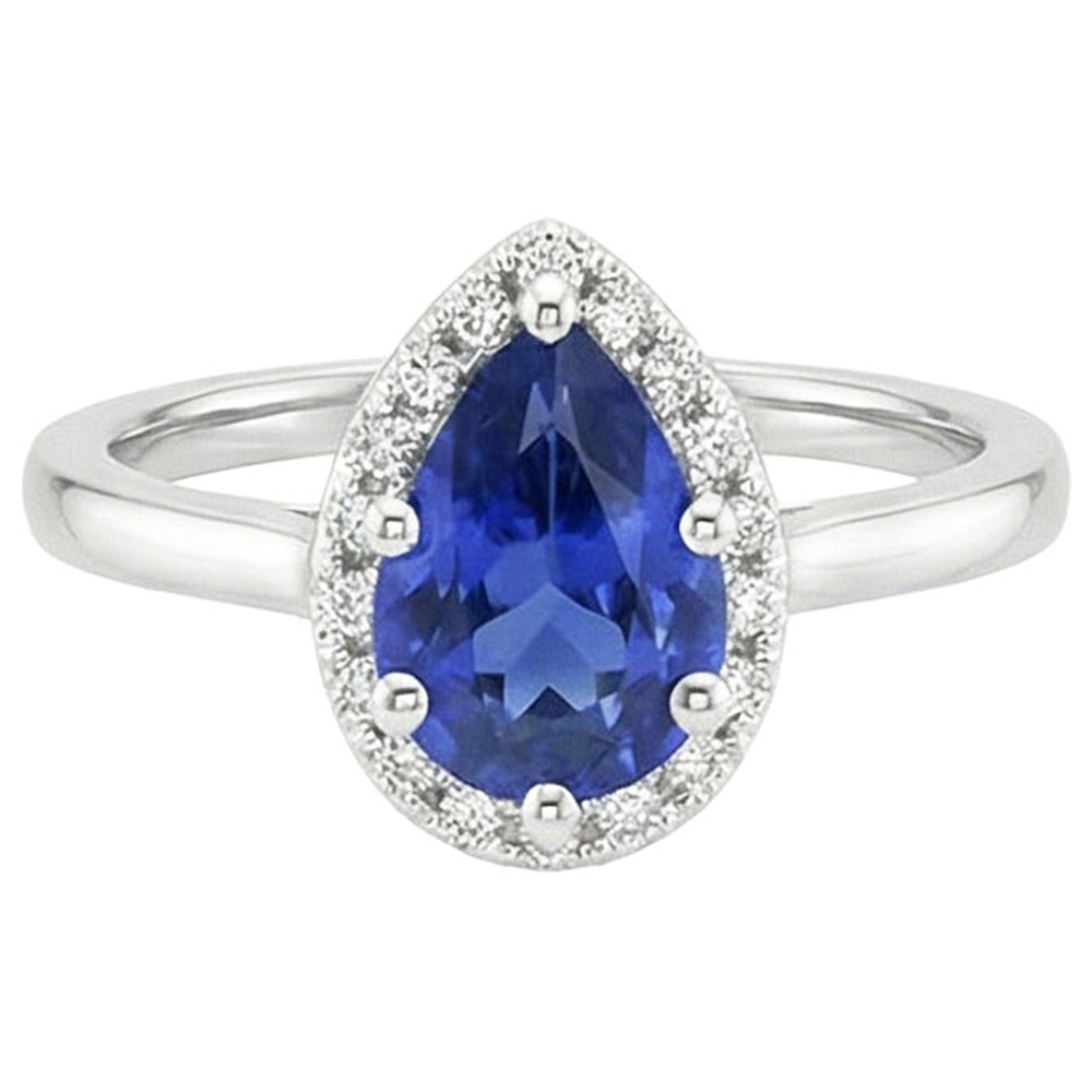 Aus der Erde Abgebauter Natürlicher Diamant Halo Ring Tropfenform Birne Sri Lanka Saphir 4 Karat