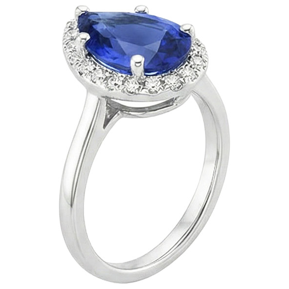 Aus der Erde Abgebauter Natürlicher Diamant Halo Ring Tropfenform Birne Sri Lanka Saphir 4 Karat