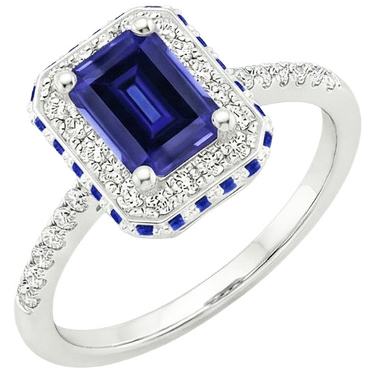 Aus der Erde Abgebauter Natürlicher Diamant-Halo-Ring mit blauen Saphiren an der Seite Smaragd 4,25 Karat