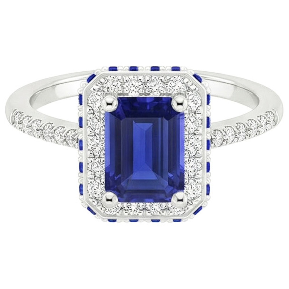 Aus der Erde Abgebauter Natürlicher Diamant-Halo-Ring mit blauen Saphiren an der Seite Smaragd 4,25 Karat