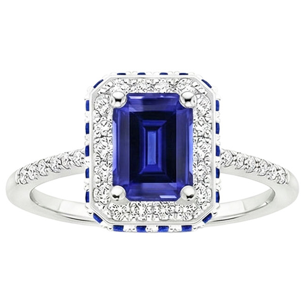 Aus der Erde Abgebauter Natürlicher Diamant-Halo-Ring mit blauen Saphiren an der Seite Smaragd 4,25 Karat