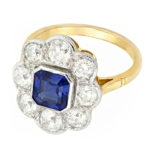 Aus der Erde Abgebauter Natürlicher Diamant Halo Saphir Ring Lünette Set Asscher Cut Flower Style 4 Karat