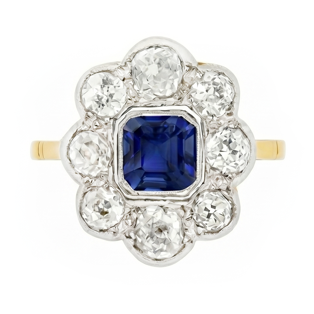 Aus der Erde Abgebauter Natürlicher Diamant Halo Saphir Ring Lünette Set Asscher Cut Flower Style 4 Karat