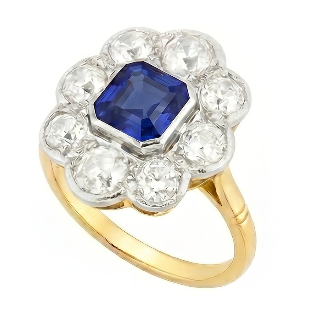 Aus der Erde Abgebauter Natürlicher Diamant Halo Saphir Ring Lünette Set Asscher Cut Flower Style 4 Karat