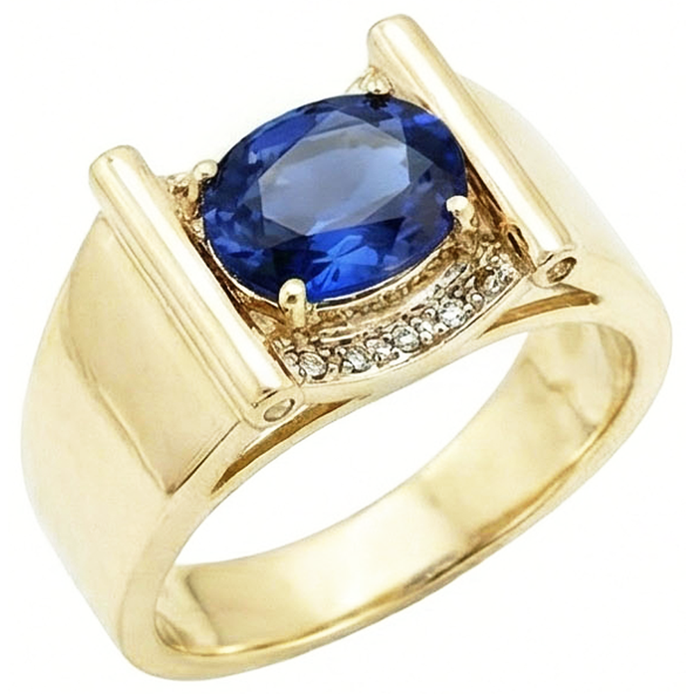 Aus der Erde Abgebauter Natürlicher Diamant Herrenring Ceylon Saphir 2,25 Karat Schmuck Gold 14K