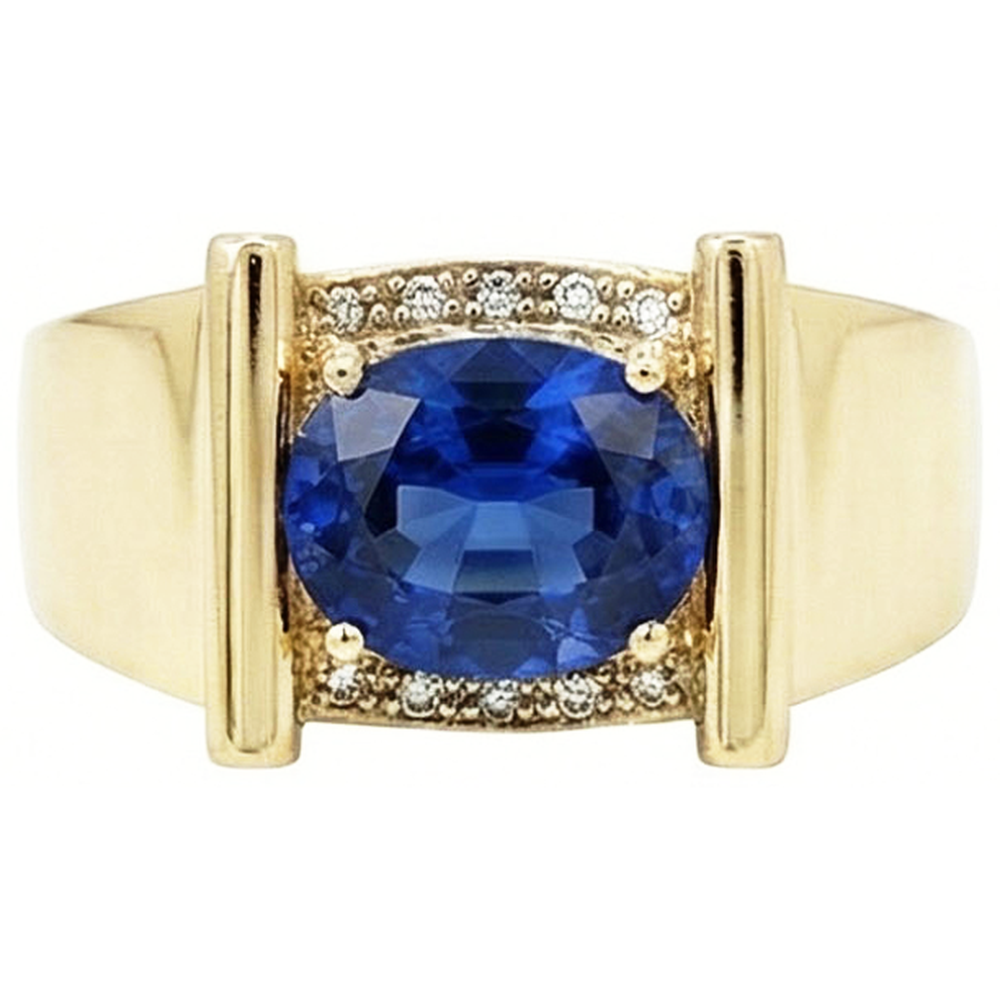 Aus der Erde Abgebauter Natürlicher Diamant Herrenring Ceylon Saphir 2,25 Karat Schmuck Gold 14K