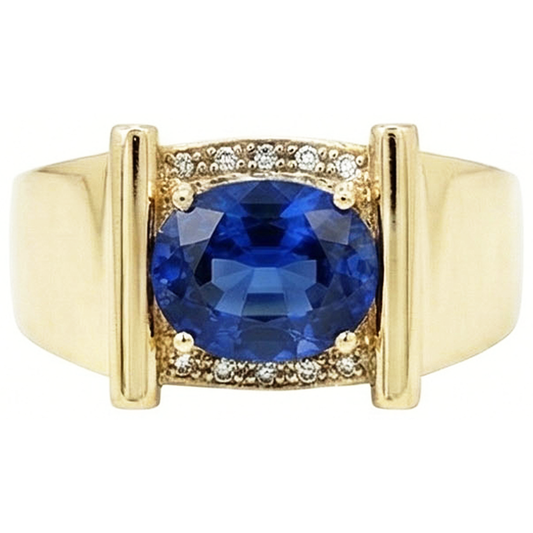 Aus der Erde Abgebauter Natürlicher Diamant Herrenring Ceylon Saphir 2,25 Karat Schmuck Gold 14K