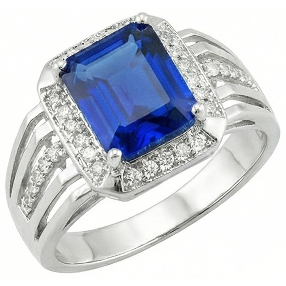Aus der Erde Abgebauter Natürlicher Diamant Herrenring Smaragdschliff blauer Saphir mit Akzenten 3,50 Karat