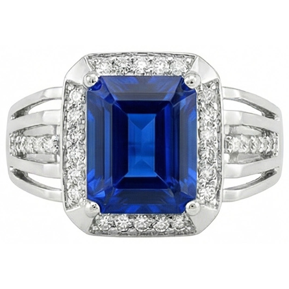 Aus der Erde Abgebauter Natürlicher Diamant Herrenring Smaragdschliff blauer Saphir mit Akzenten 3,50 Karat