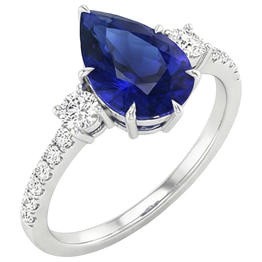 Aus der Erde Abgebauter Natürlicher Diamant Jubiläumsring Birne Blauer Saphir 3 Steine Stil 5.50 Karat