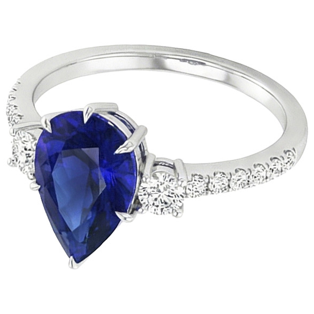 Aus der Erde Abgebauter Natürlicher Diamant Jubiläumsring Birne Blauer Saphir 3 Steine Stil 5.50 Karat