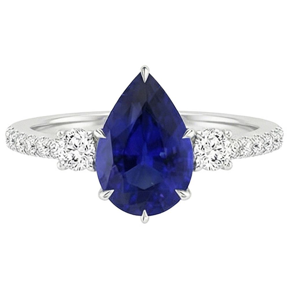 Aus der Erde Abgebauter Natürlicher Diamant Jubiläumsring Birne Blauer Saphir 3 Steine Stil 5.50 Karat