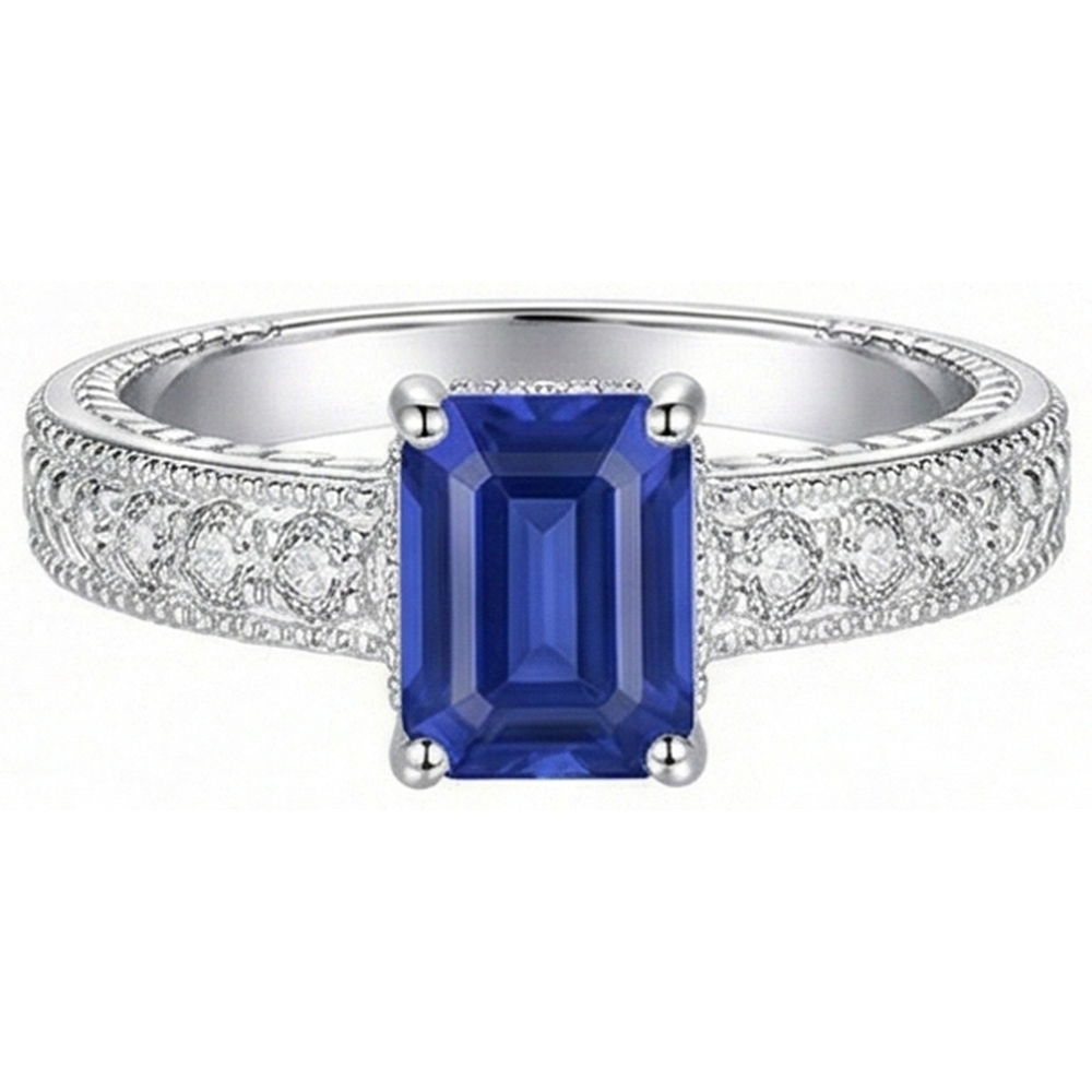 Natürlicher Diamant ( nicht im Labor gezüchtet )-Ring-Korb-Set im antiken Stil Smaragdschliff Saphir 2,50 Karat