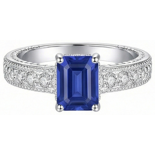 Natürlicher Diamant ( nicht im Labor gezüchtet )-Ring-Korb-Set im antiken Stil Smaragdschliff Saphir 2,50 Karat