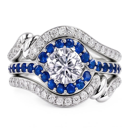 Aus der Erde Abgebauter Natürlicher Diamant Ring Set 3,50 Karat Blauer Saphir Damen Schmuck