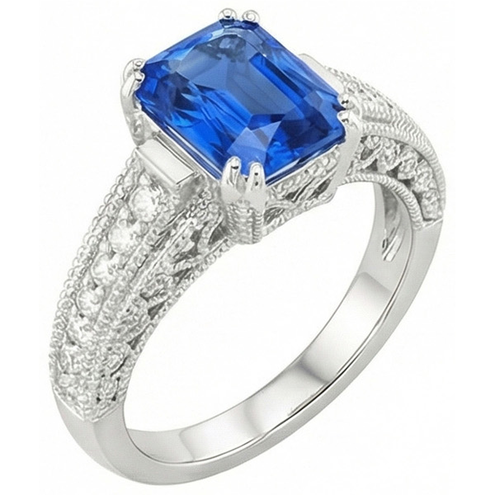 Natürlicher Diamant ( nicht im Labor gezüchtet )-Saphir-Verlobungsring im antiken Stil, 4 Karat, Doppelstift