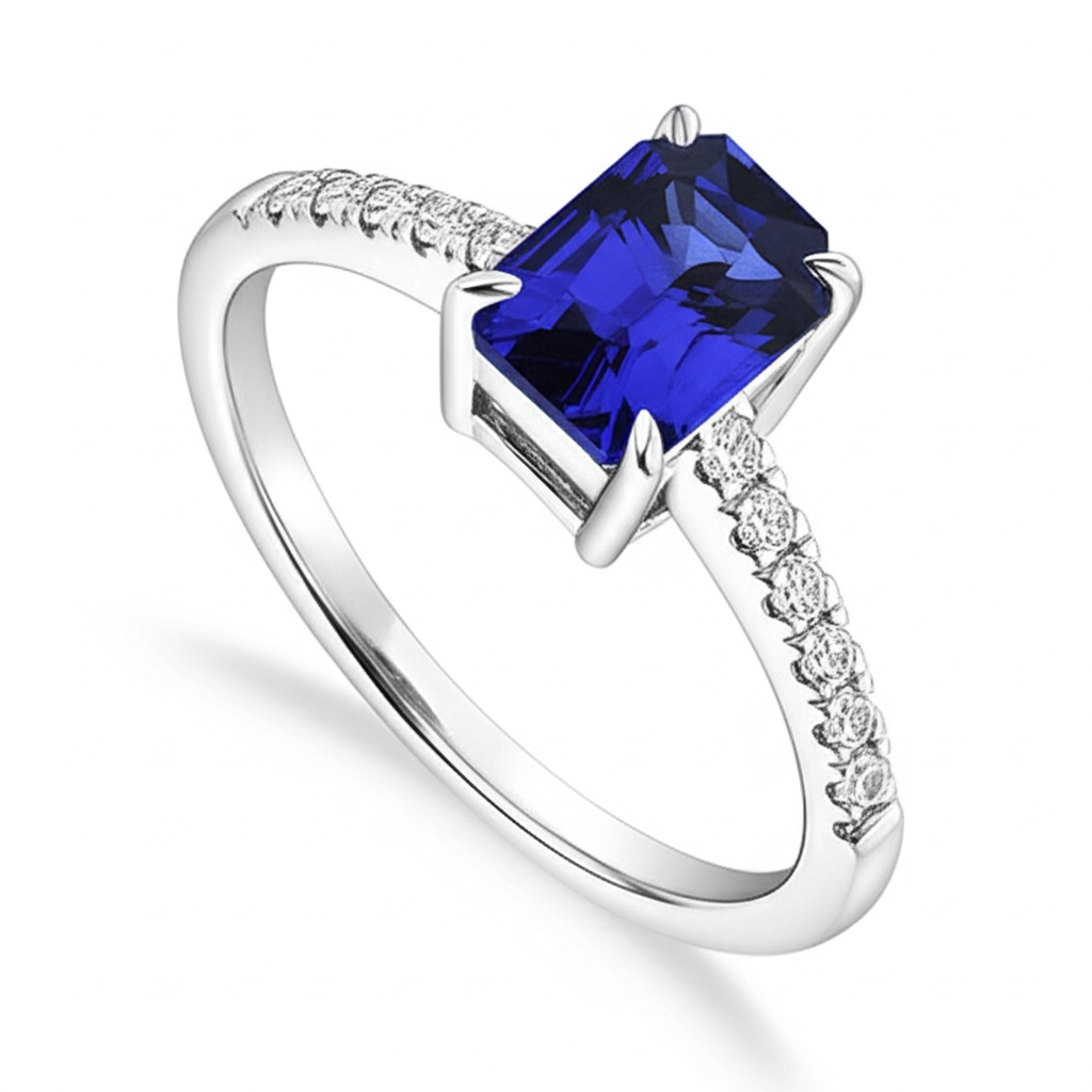 Aus der Erde Abgebauter Natürlicher Diamant-Solitär-Akzent-Ring Smaragd blauer Saphir 4 Karat