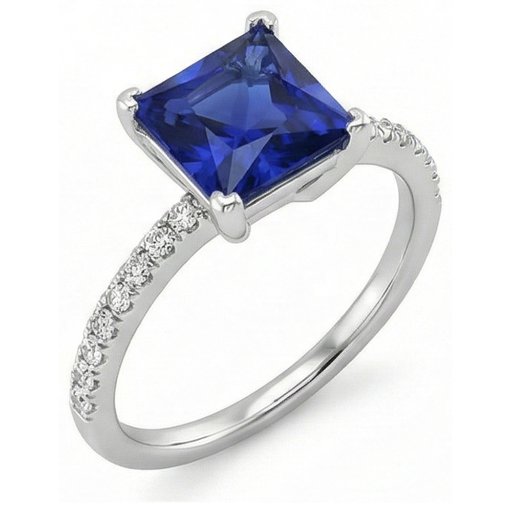 Aus der Erde Abgebauter Natürlicher Diamant-Solitär-Ring Princess Blue Saphir mit Akzenten 5,50 Karat