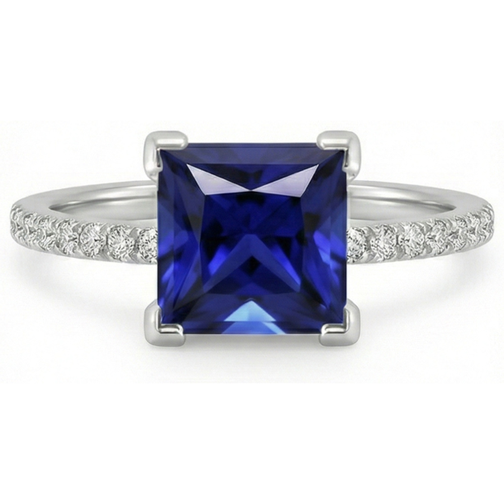 Aus der Erde Abgebauter Natürlicher Diamant-Solitär-Ring Princess Blue Saphir mit Akzenten 5,50 Karat