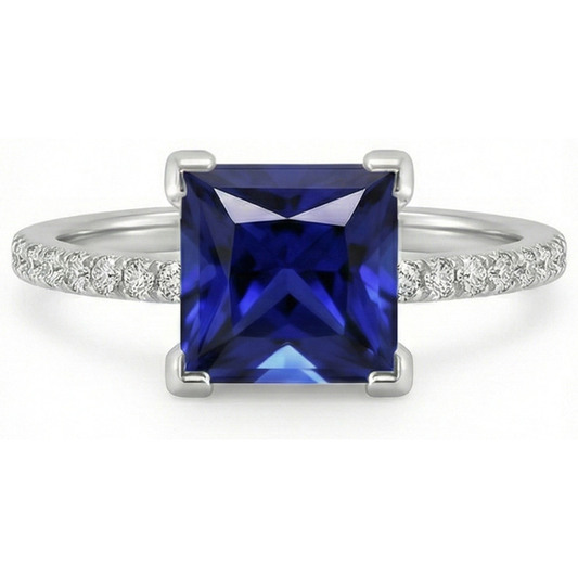 Aus der Erde Abgebauter Natürlicher Diamant-Solitär-Ring Princess Blue Saphir mit Akzenten 5,50 Karat