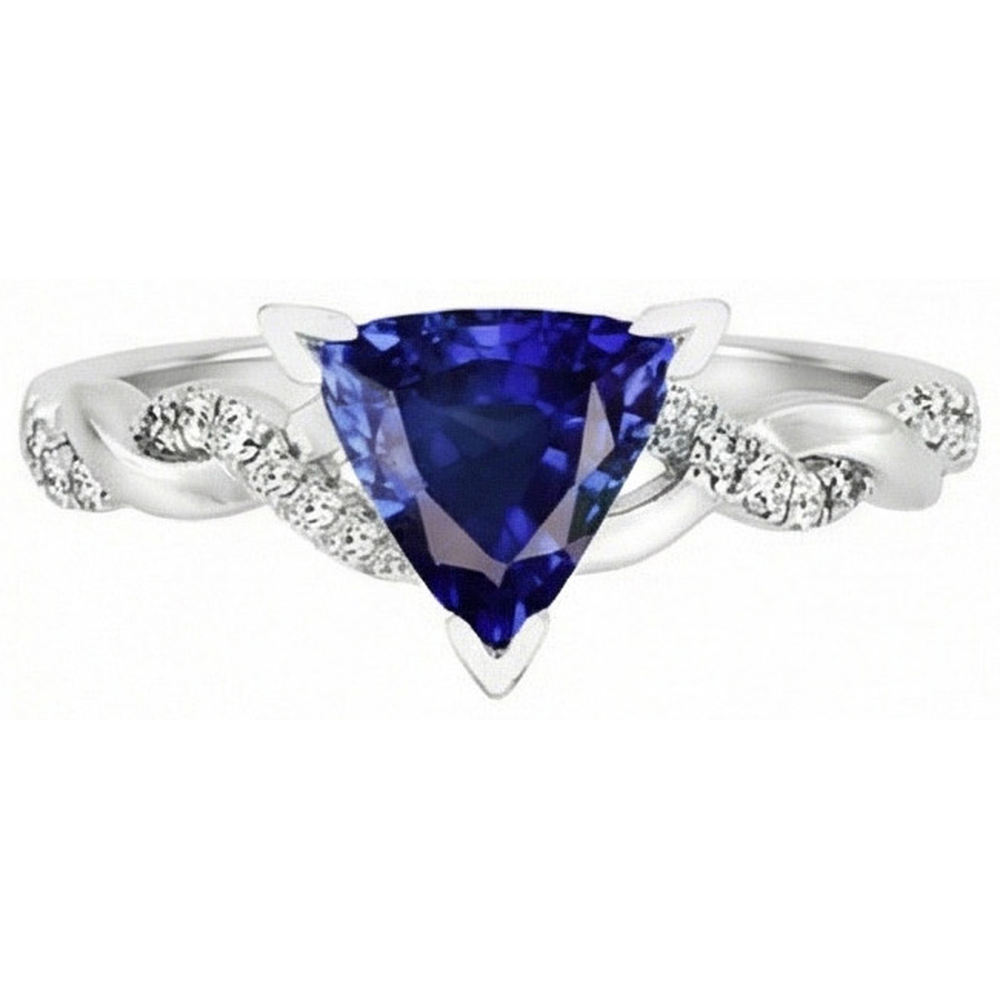 Natürlicher Diamant ( nicht im Labor gezüchtet ) Trillion V Krappenring mit blauem Saphir 2 Karat Twisted Style