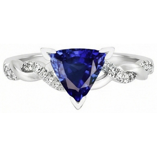 Natürlicher Diamant ( nicht im Labor gezüchtet ) Trillion V Krappenring mit blauem Saphir 2 Karat Twisted Style