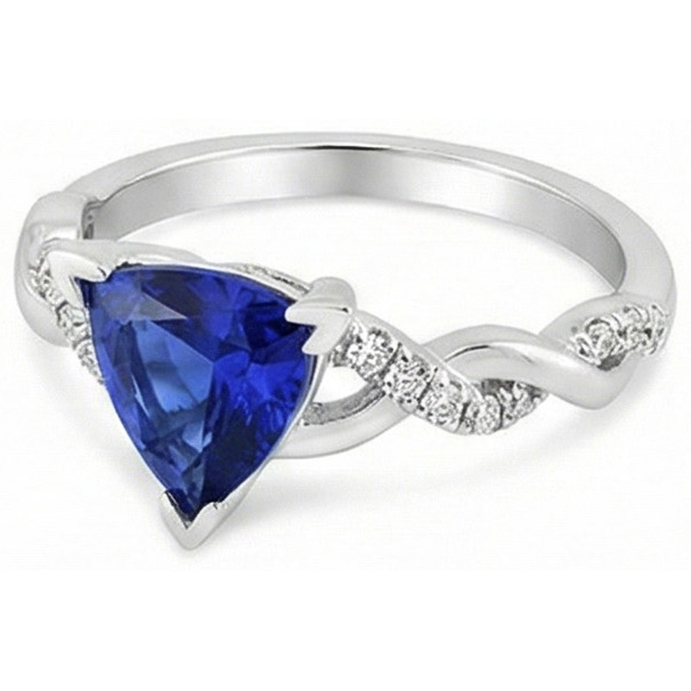 Natürlicher Diamant ( nicht im Labor gezüchtet ) Trillion V Krappenring mit blauem Saphir 2 Karat Twisted Style