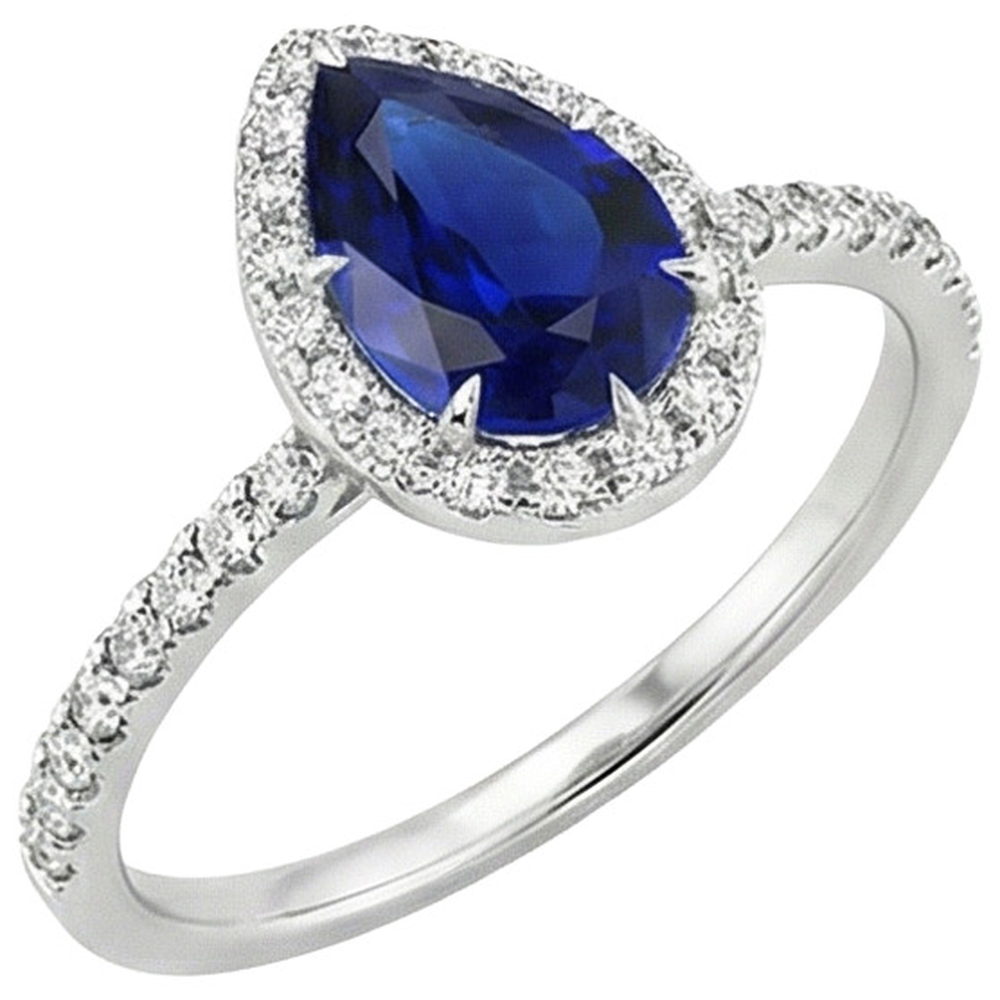 Aus der Erde Abgebauter Natürlicher Diamant-Verlobungsring Tropfenform Birne Blauer Saphir 6.20 Karat